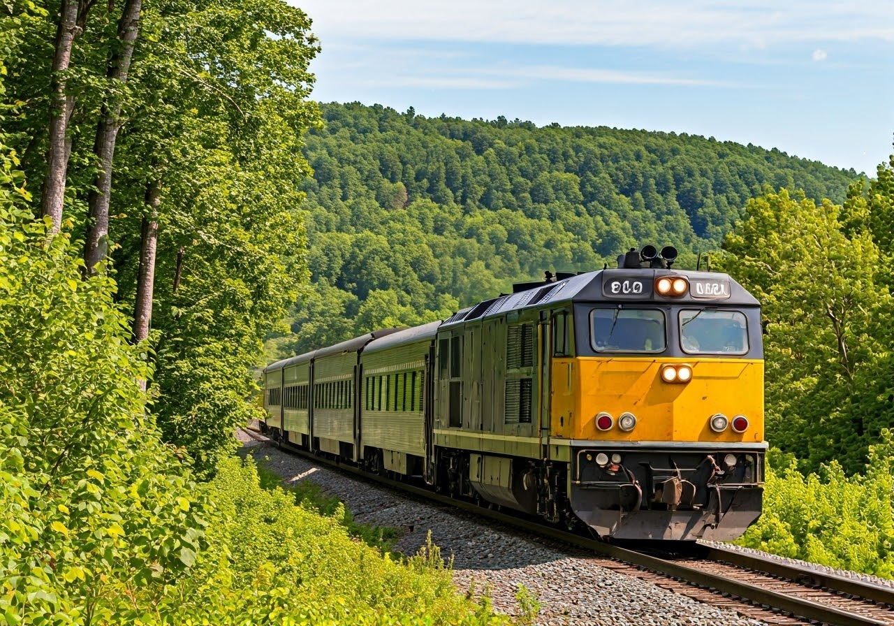 Train traveling through landscape