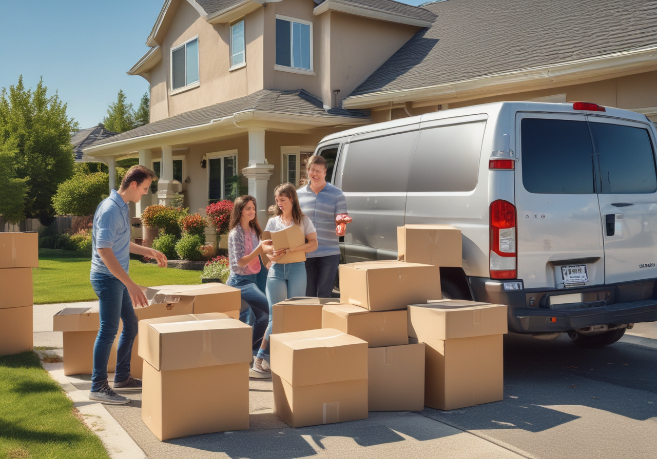 Family packing for moving day